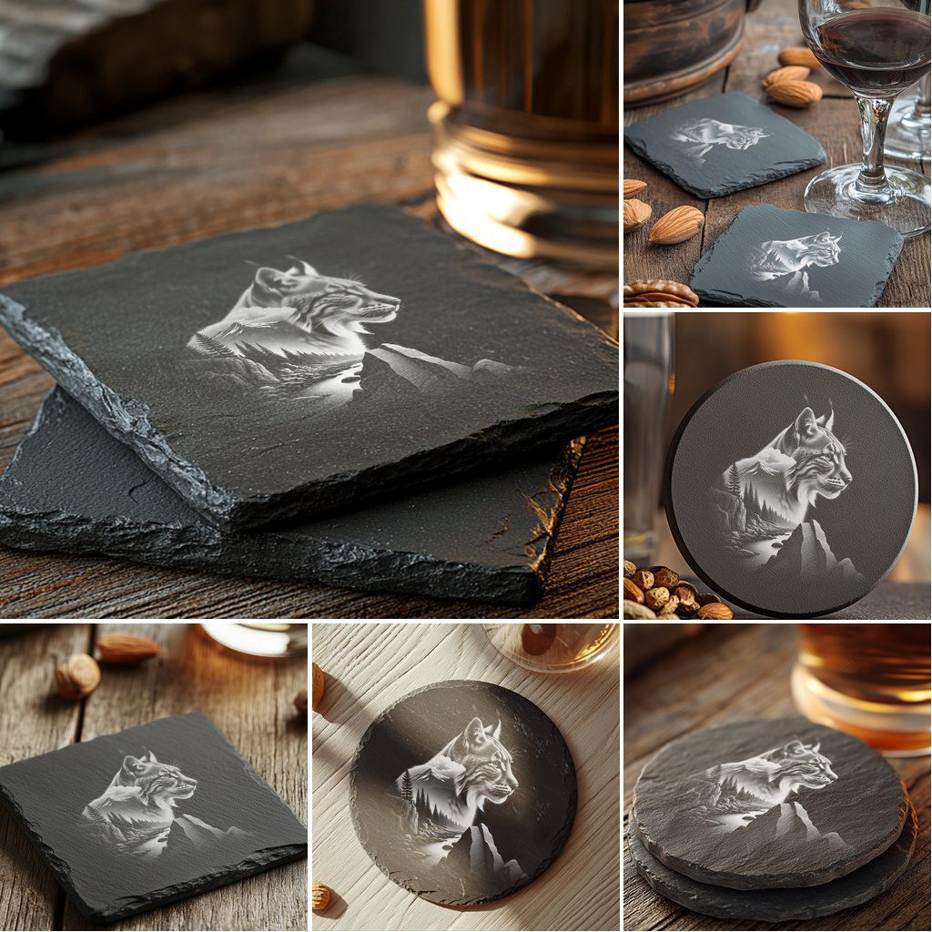 Wild Animal Double Exposure Slate Coaster Bundle, 6 Unique Laser Engraved Designs - Imagen 3