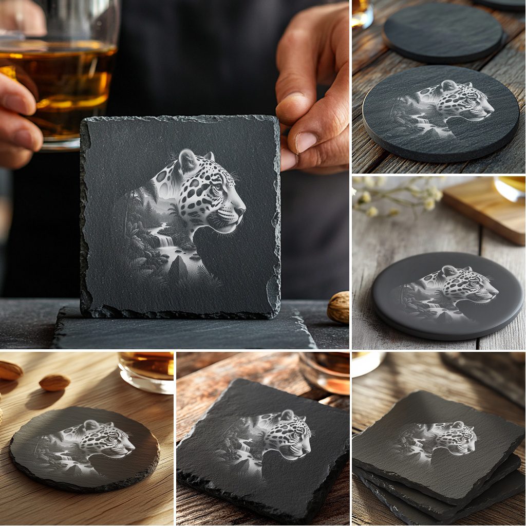 Wild Animal Double Exposure Slate Coaster Bundle, 6 Unique Laser Engraved Designs - Imagen 4