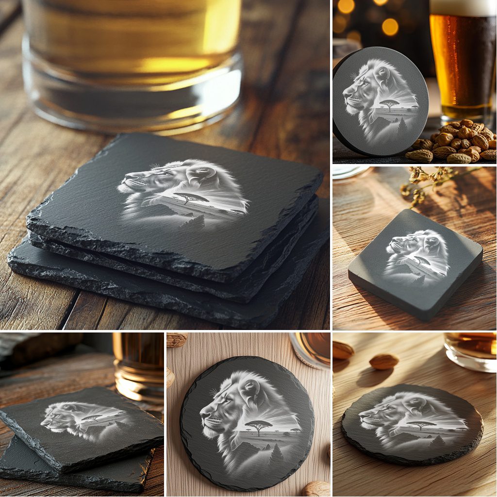 Wild Animal Double Exposure Slate Coaster Bundle, 6 Unique Laser Engraved Designs - Imagen 5