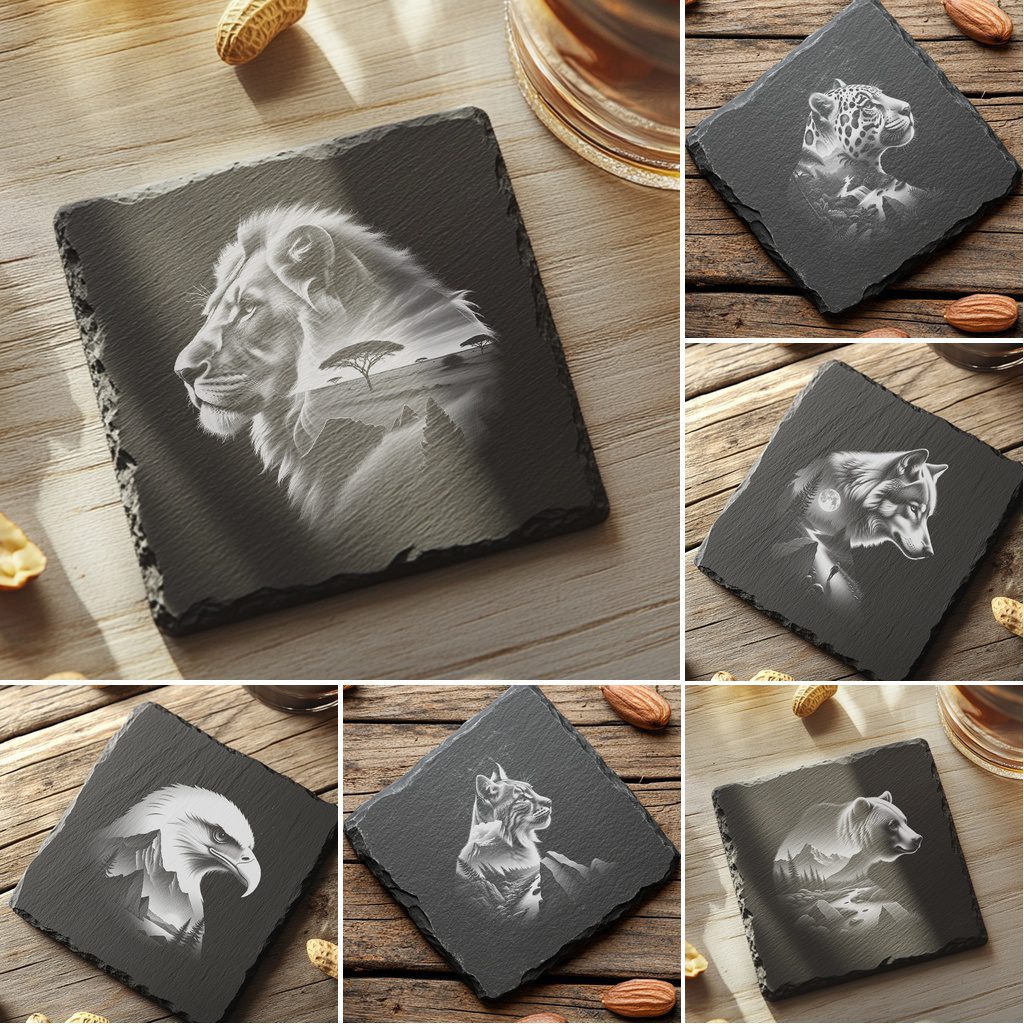 Wild Animal Double Exposure Slate Coaster Bundle, 6