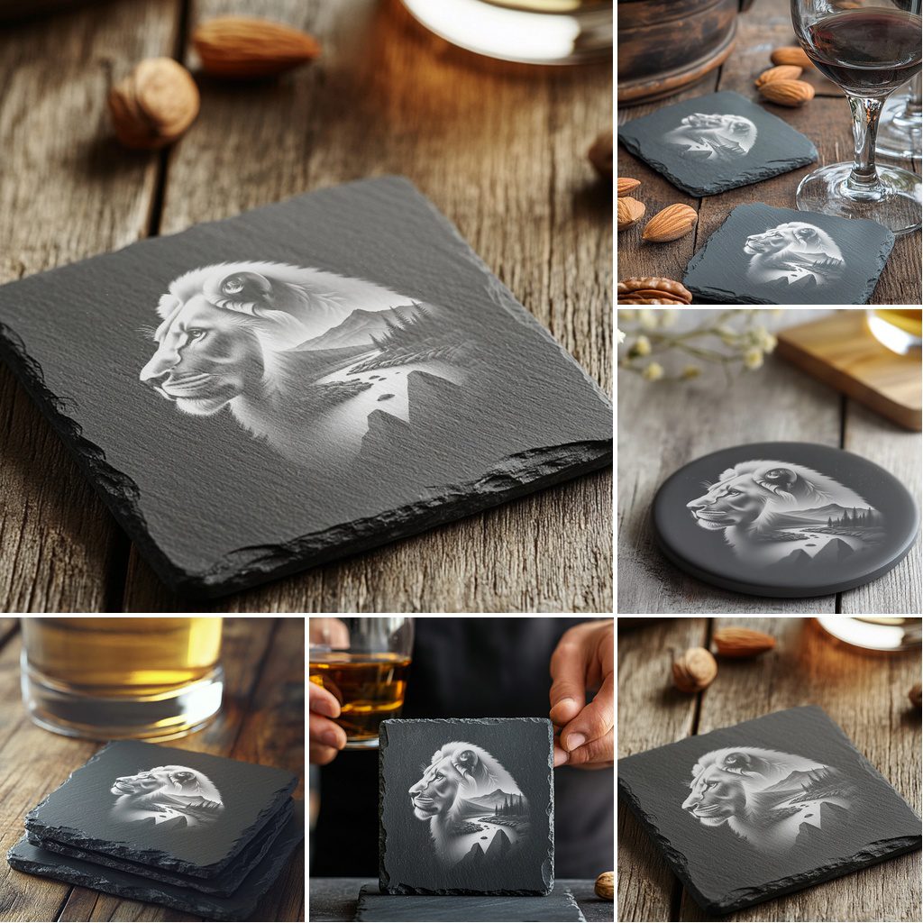 Wild Animal Double Exposure Slate Coaster Engraving Designs Bundle, Modern Home Decor - Imagen 6