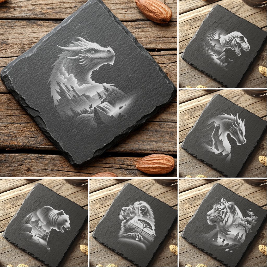 Wild Animal Double Exposure Slate Coaster Engraving Designs,