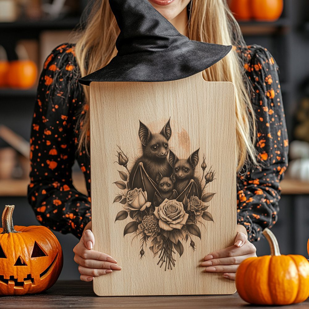 Halloween Bat Engraving Laser File, Moonlit Rose Charcuterie Board, Gothic Decor – Bild 2