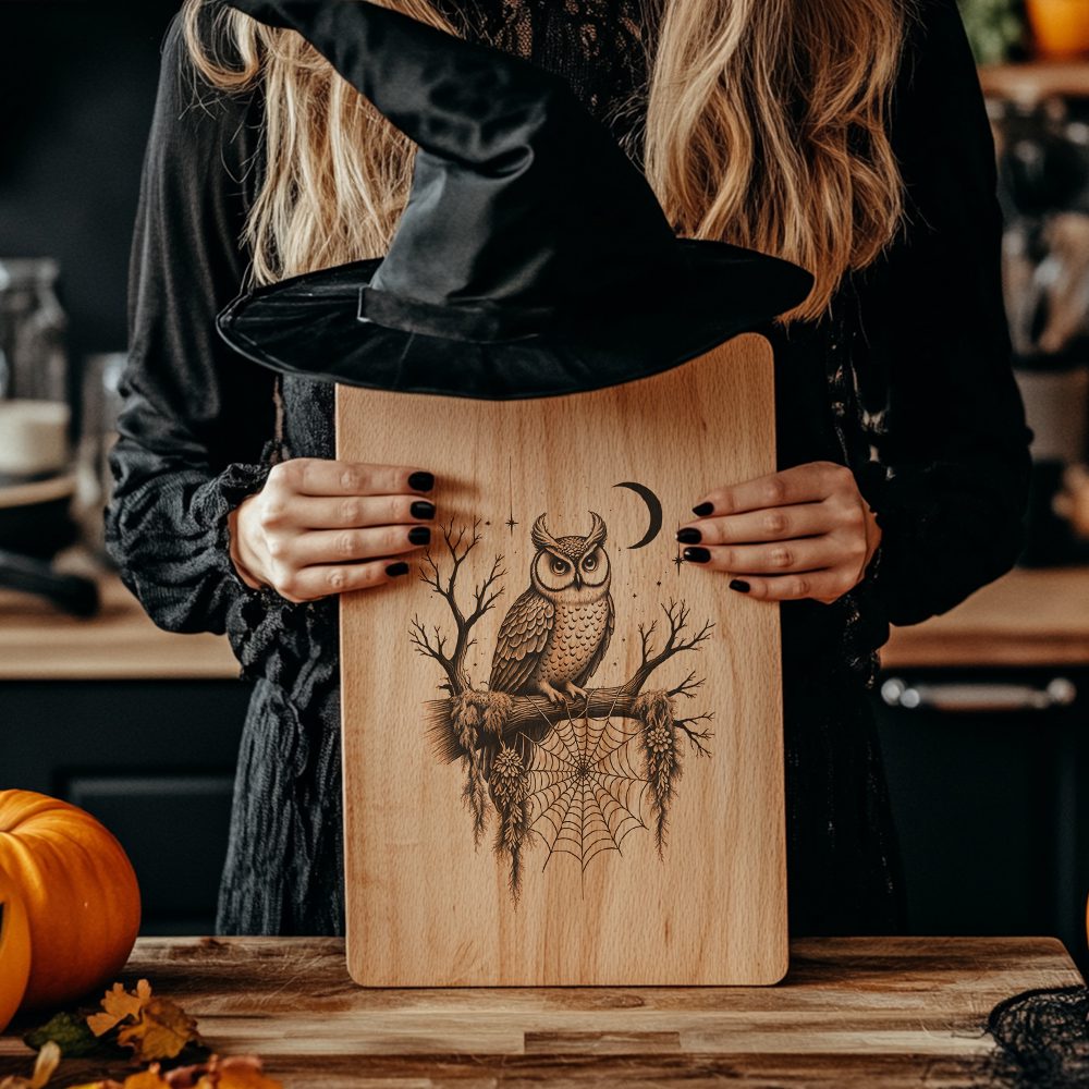 Halloween Charcuterie Board Engraving File, Owl on Branch,