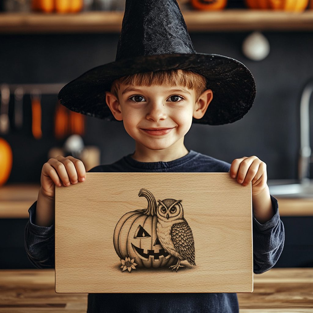 Halloween Charcuterie Board Engraving File, Pumpkin Owl Candle Eye Design - Imagen 2