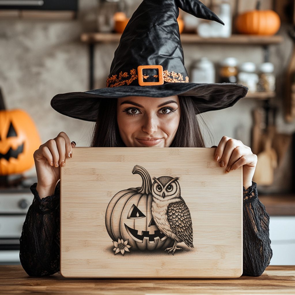 Halloween Charcuterie Board Engraving File, Pumpkin Owl Candle Eye Design - Imagen 4