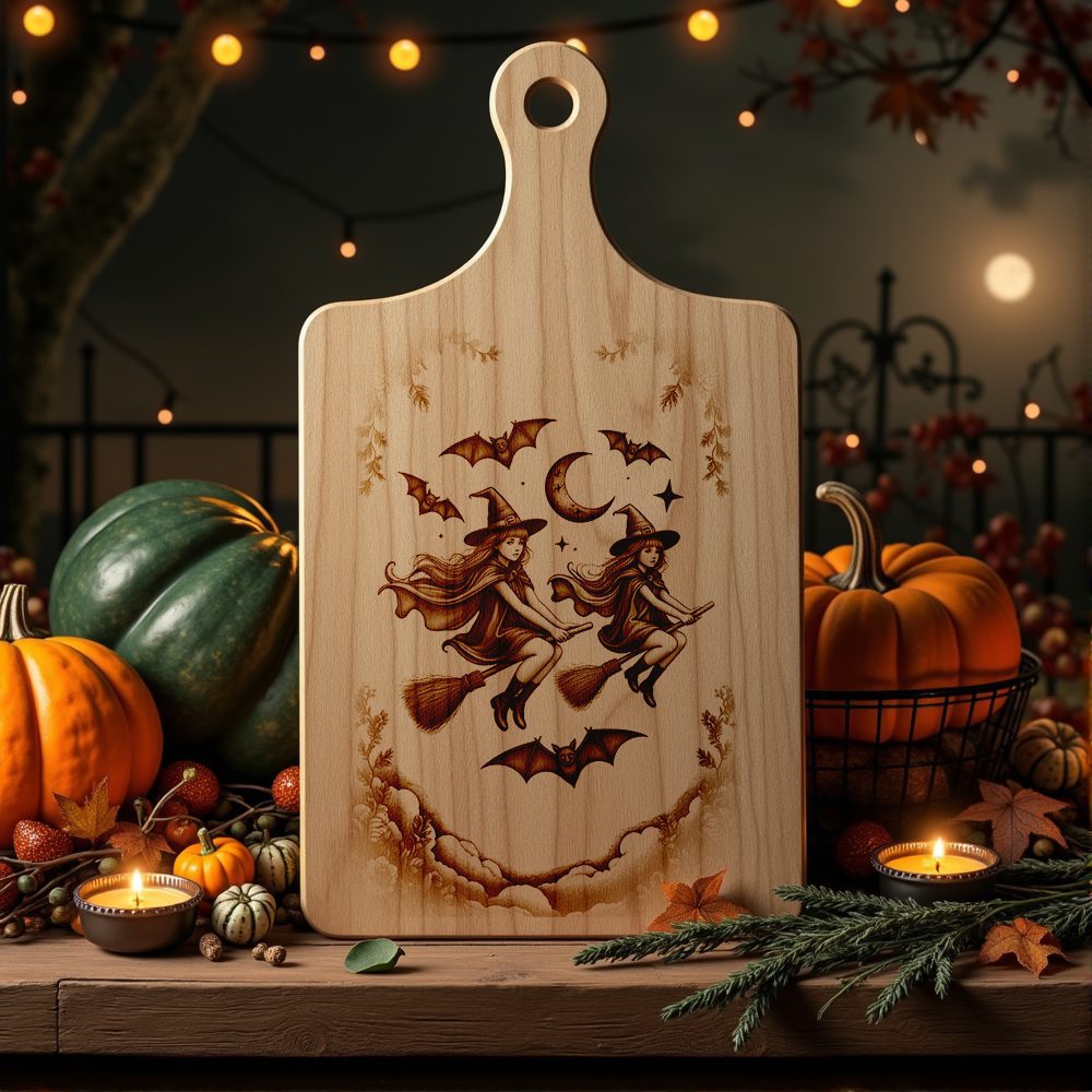 Halloween Charcuterie Board Engraving File, Witch and Bat Silhouette Design - Imagen 2