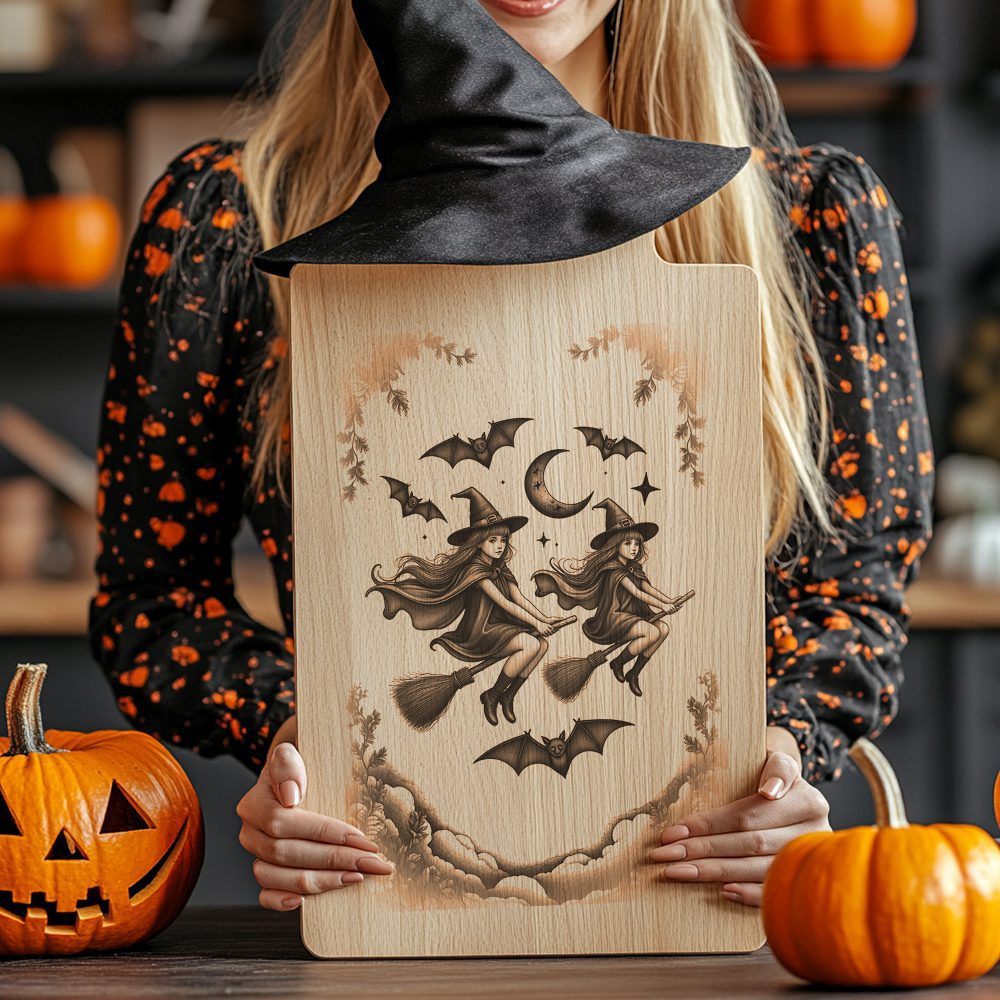 Halloween Charcuterie Board Engraving File, Witch and Bat Silhouette Design - Imagen 4