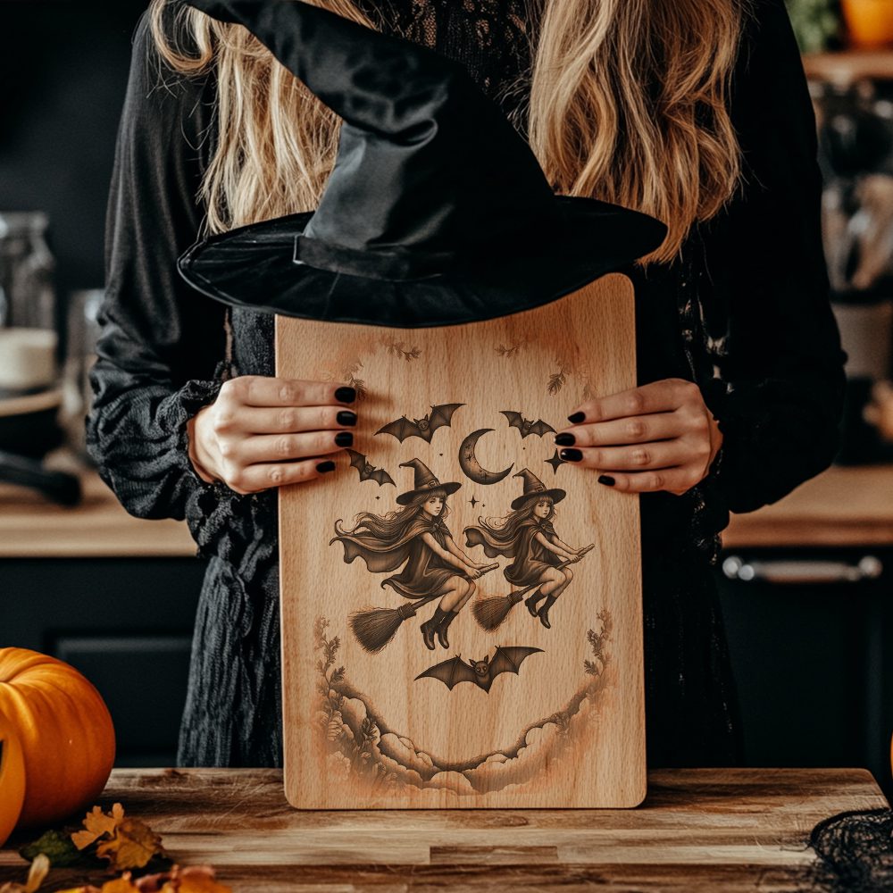 Halloween Charcuterie Board Engraving File, Witch and Bat Silhouette Design - Imagen 5