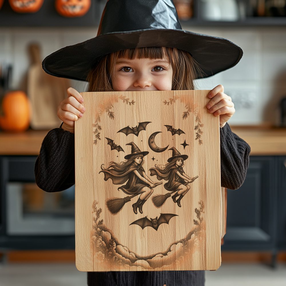 Halloween Charcuterie Board Engraving File, Witch and Bat Silhouette Design - Imagen 6