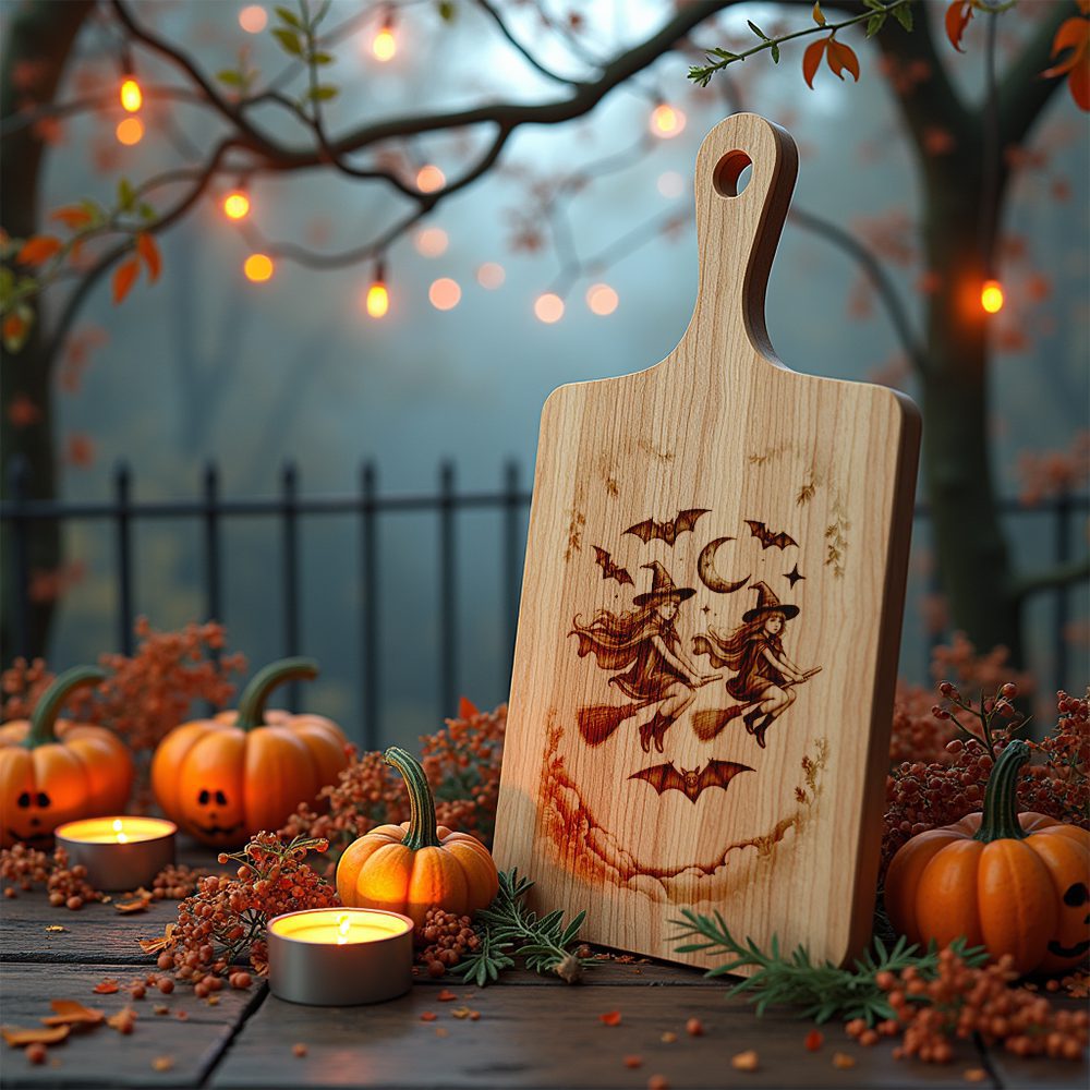 Halloween Charcuterie Board Engraving File, Witch and Bat Silhouette Design - Imagen 7