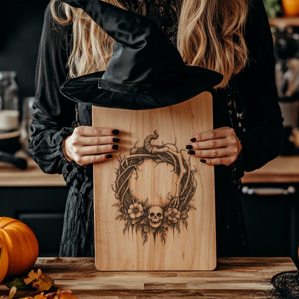 Halloween Charcuterie Board Laser File, Spooky Skeleton Vine Wreath, Engraved Decor – Image 2