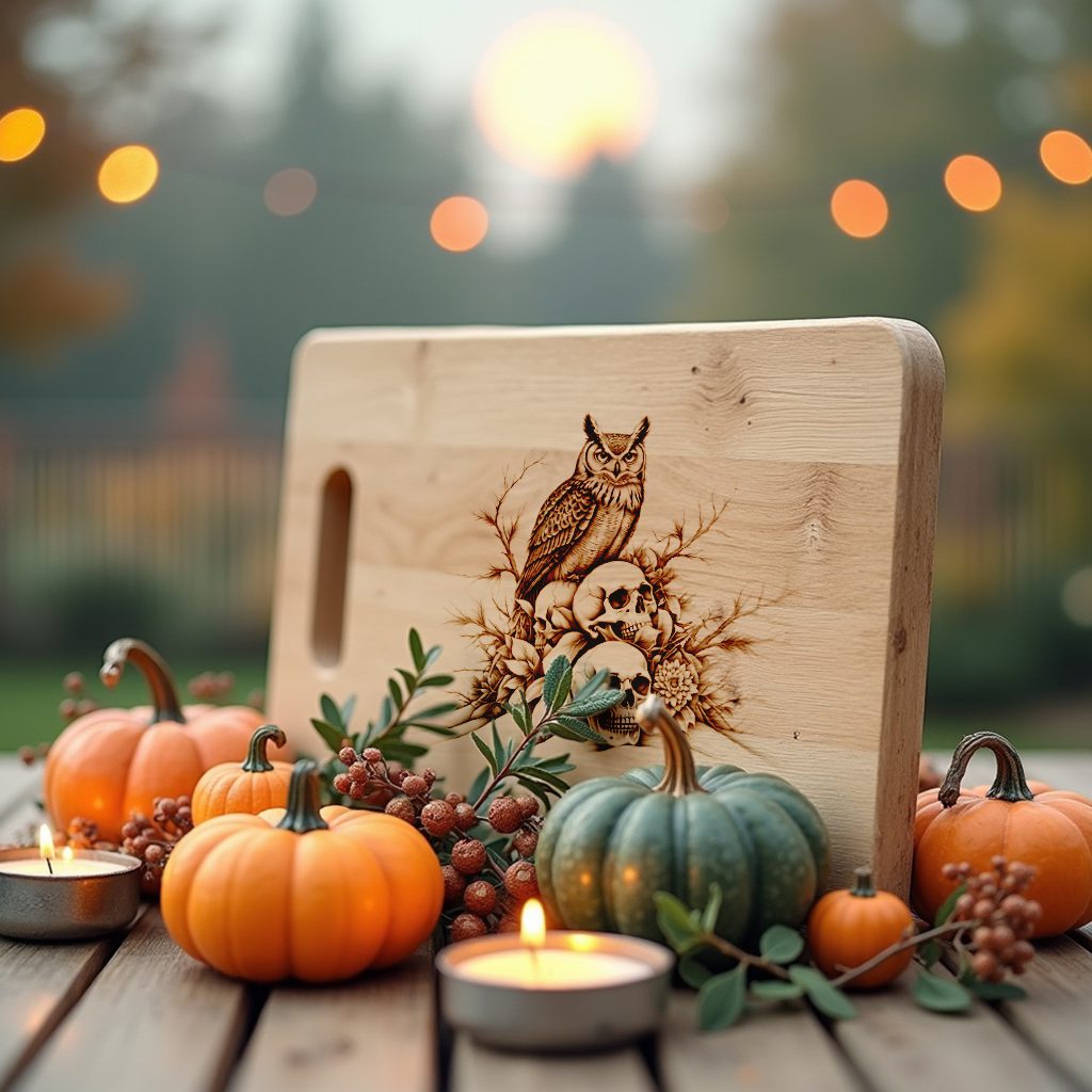 Halloween Charcuterie Board, Owl on Skulls, Unique Decor, Laser Engraving Design – Bild 2