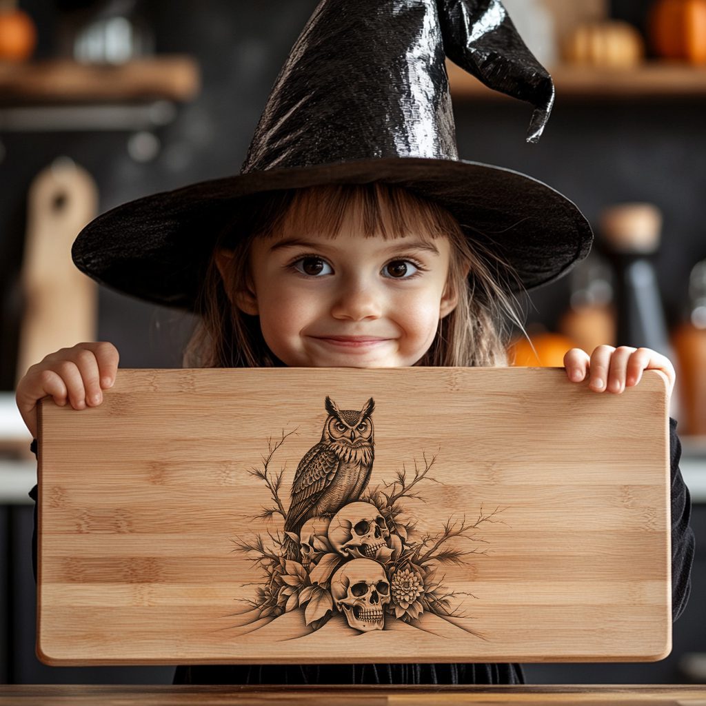 Halloween Charcuterie Board, Owl on Skulls, Unique Decor, Laser Engraving Design – Bild 4