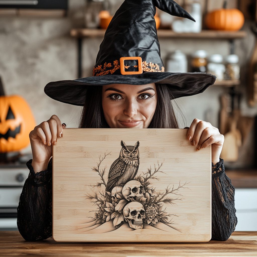 Halloween Charcuterie Board, Owl on Skulls, Unique Decor, Laser Engraving Design – Bild 5