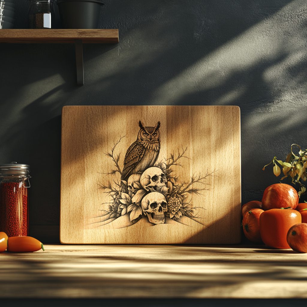Halloween Charcuterie Board, Owl on Skulls, Unique Decor, Laser Engraving Design – Bild 6