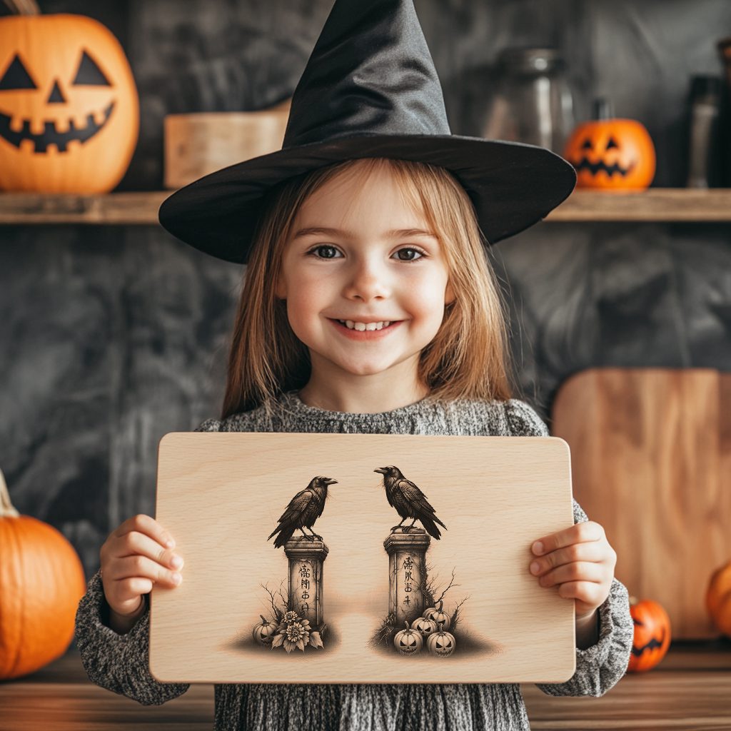 Halloween Laser Engraving File, Charcuterie Board, Gothic Twin Ravens Design – Image 2