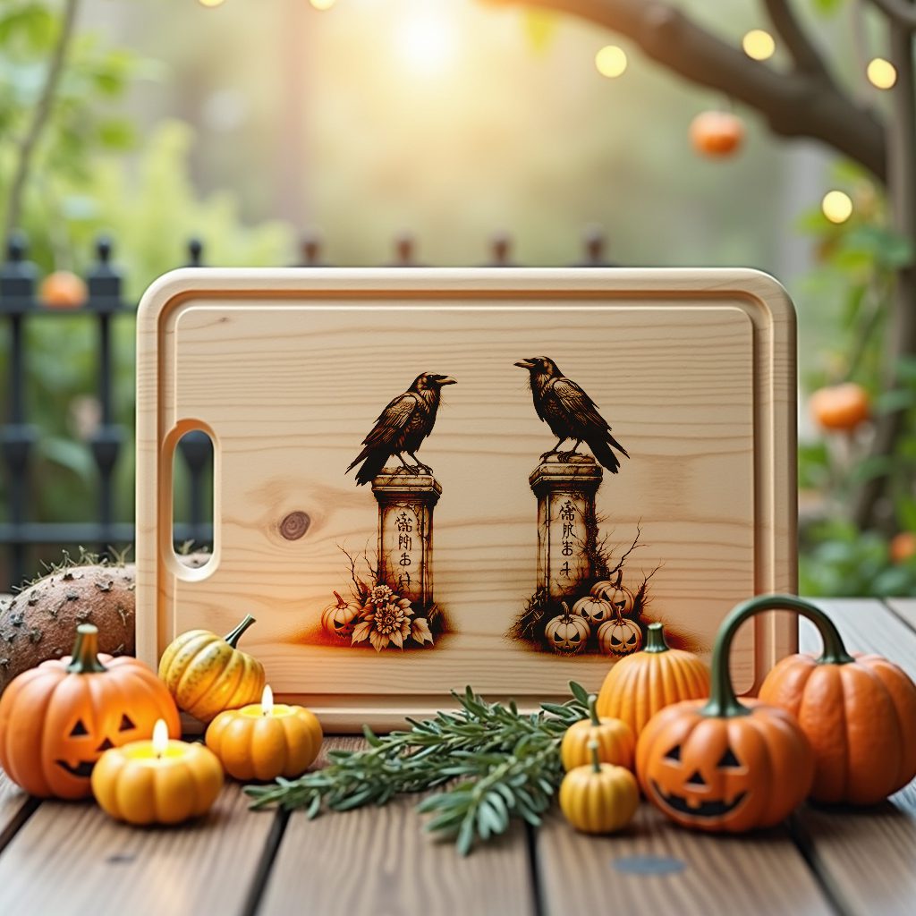 Halloween Laser Engraving File, Charcuterie Board, Gothic Twin Ravens Design – Image 4