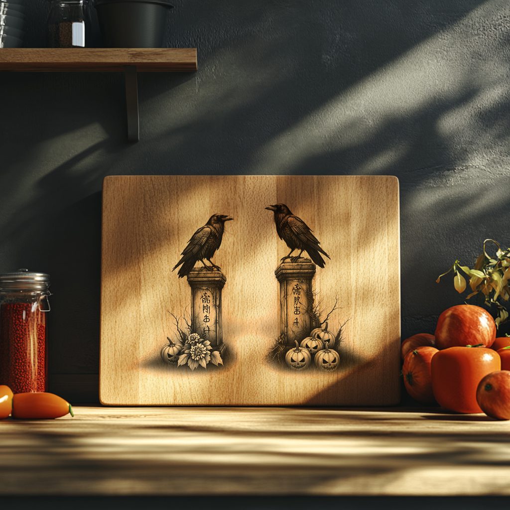 Halloween Laser Engraving File, Charcuterie Board, Gothic Twin Ravens Design – Image 5