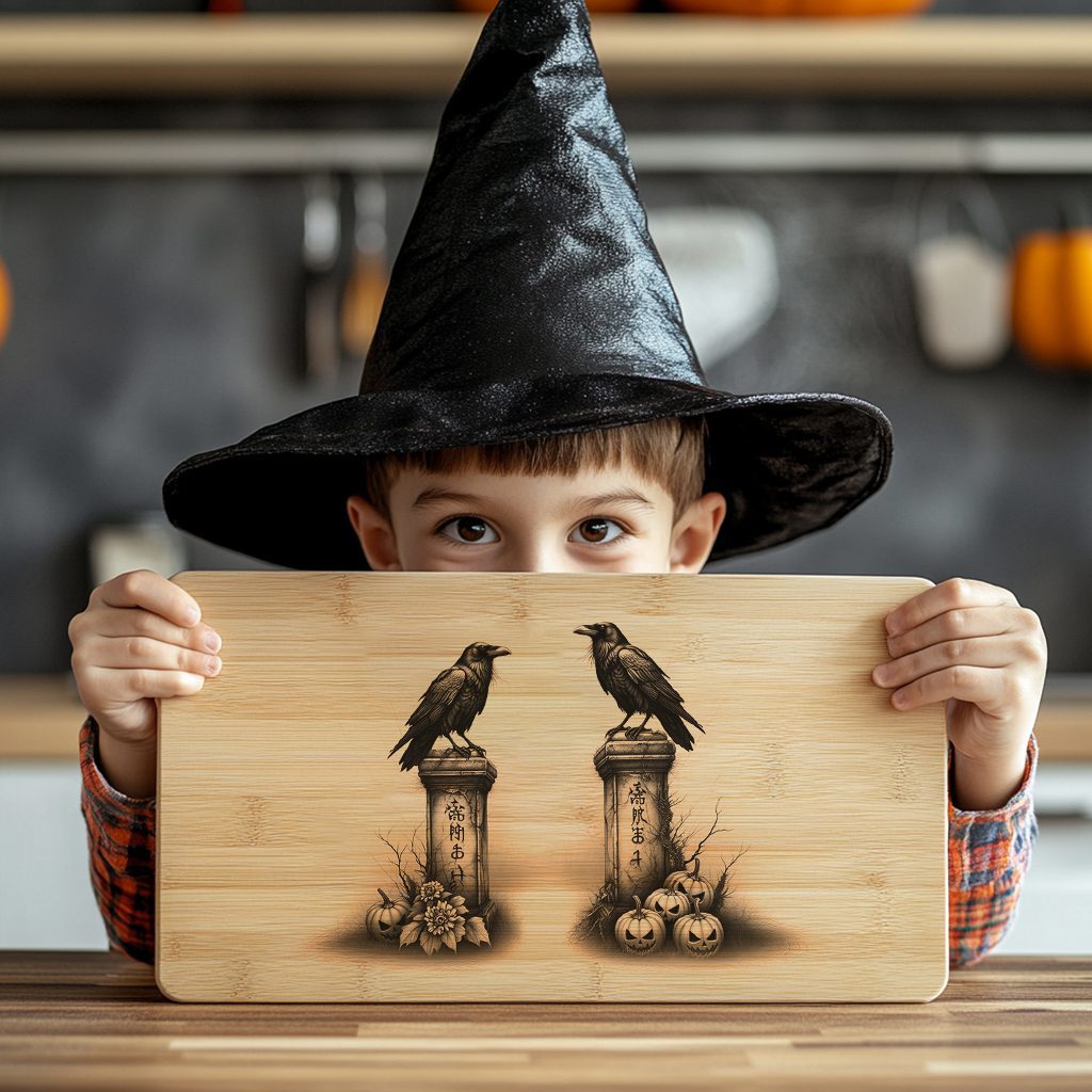 Halloween Laser Engraving File, Charcuterie Board, Gothic Twin Ravens Design – Image 6