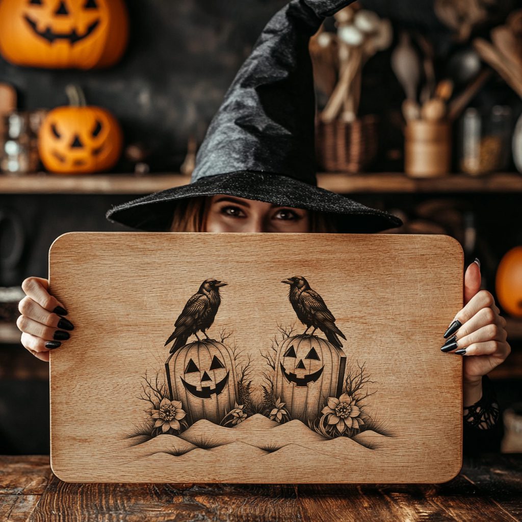 Halloween Pumpkin Raven Charcuterie Board, Spooky Engraving File, Fall Decor - Imagen 2