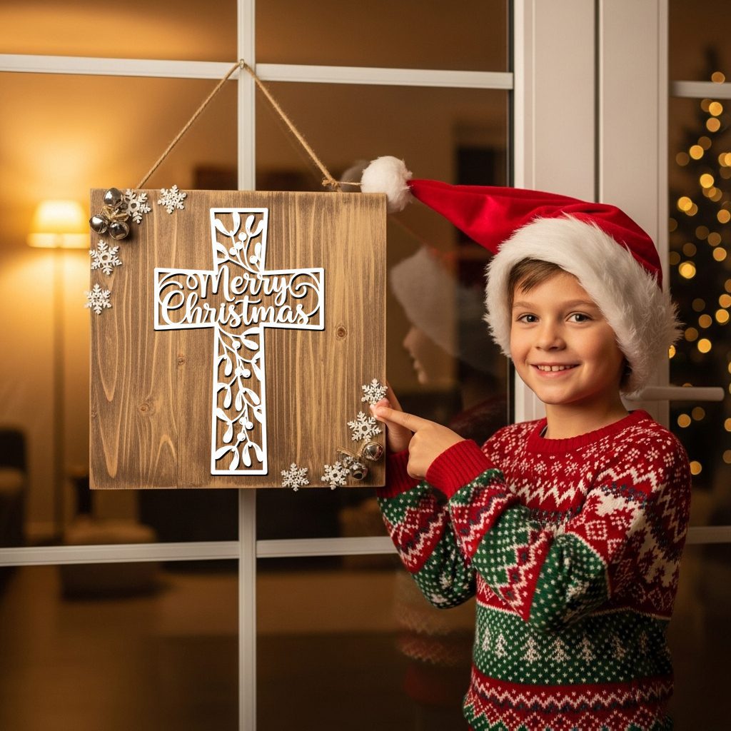 Christmas Cross Door Hanger, Laser Mistletoe Sign, Christian