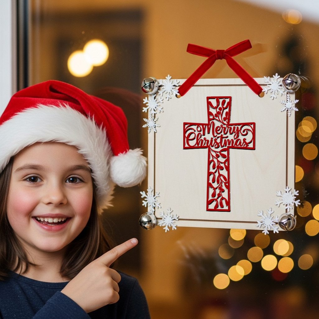 Christmas Cross Door Hanger, Laser Mistletoe Sign, Christian