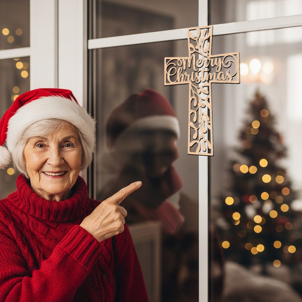 Christmas Cross Door Hanger, Laser Mistletoe Sign, Christian