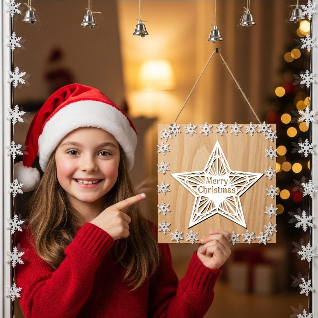 Plantilla para colgador de puerta navideño, Letrero redondo de estrella de Feliz Navidad, Decoración festiva - Imagen 4