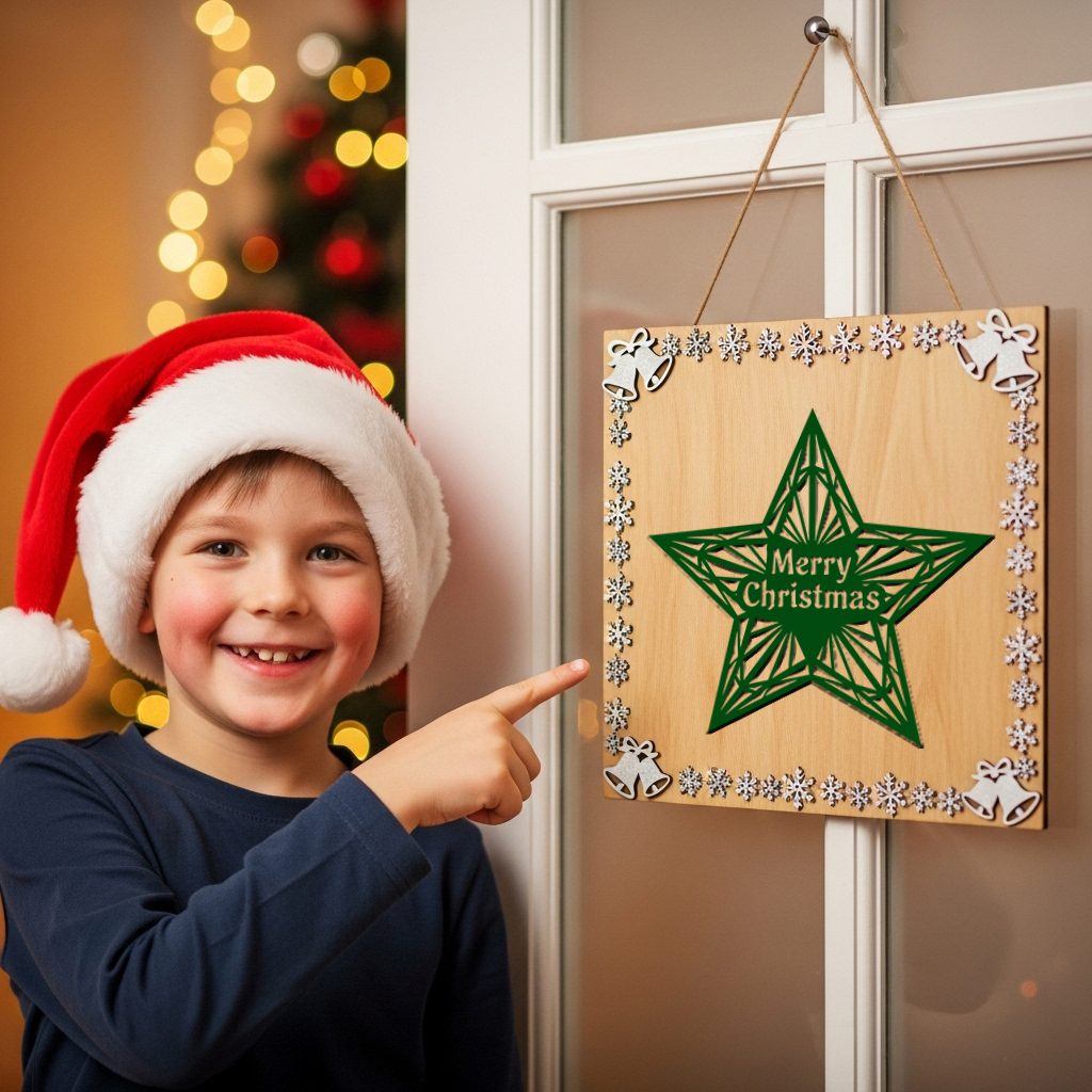 Plantilla para colgador de puerta navideño, Letrero redondo de estrella de Feliz Navidad, Decoración festiva - Imagen 5