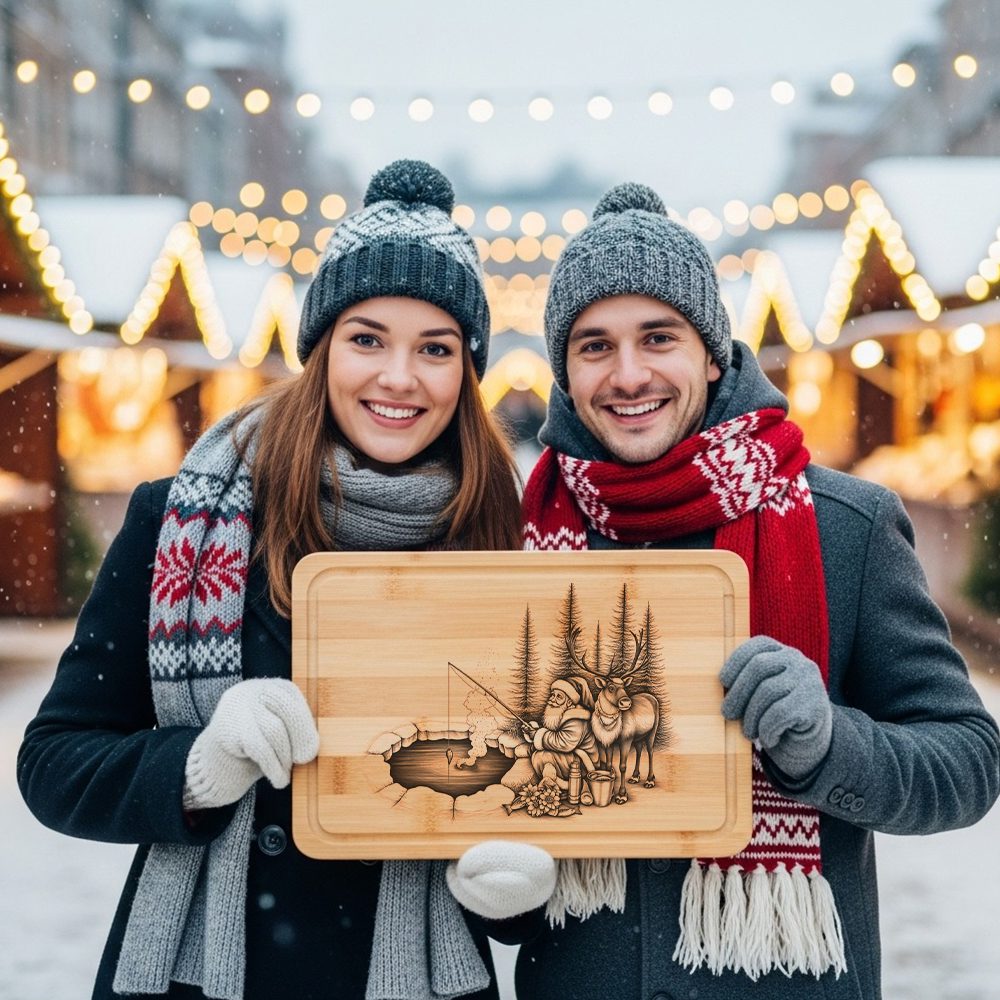 Christmas Laser Engraving File, Santa Reindeer Ice Fishing, Charcuterie Board Design - immagine 2