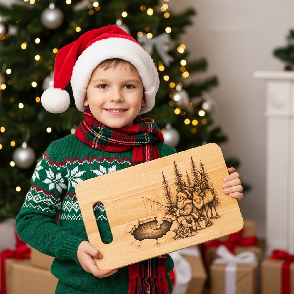 Christmas Laser Engraving File, Santa Reindeer Ice Fishing, Charcuterie Board Design - immagine 5