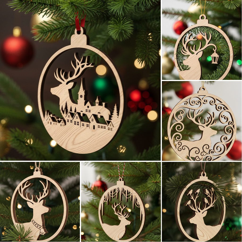 Christmas Ornament Bundle, Reindeer Designs, Laser File for