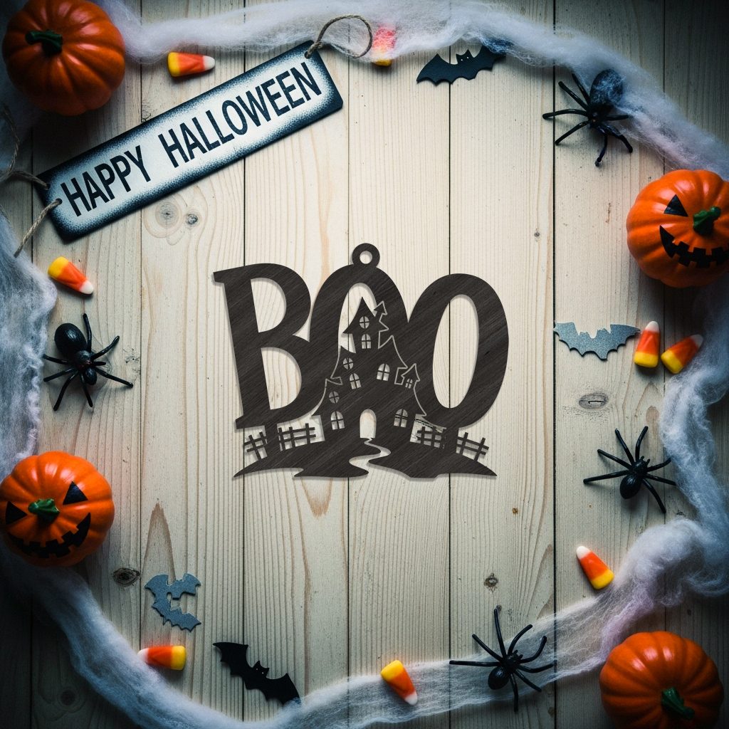 Halloween Boo House Ornament Laser File, Spooky Silhouette