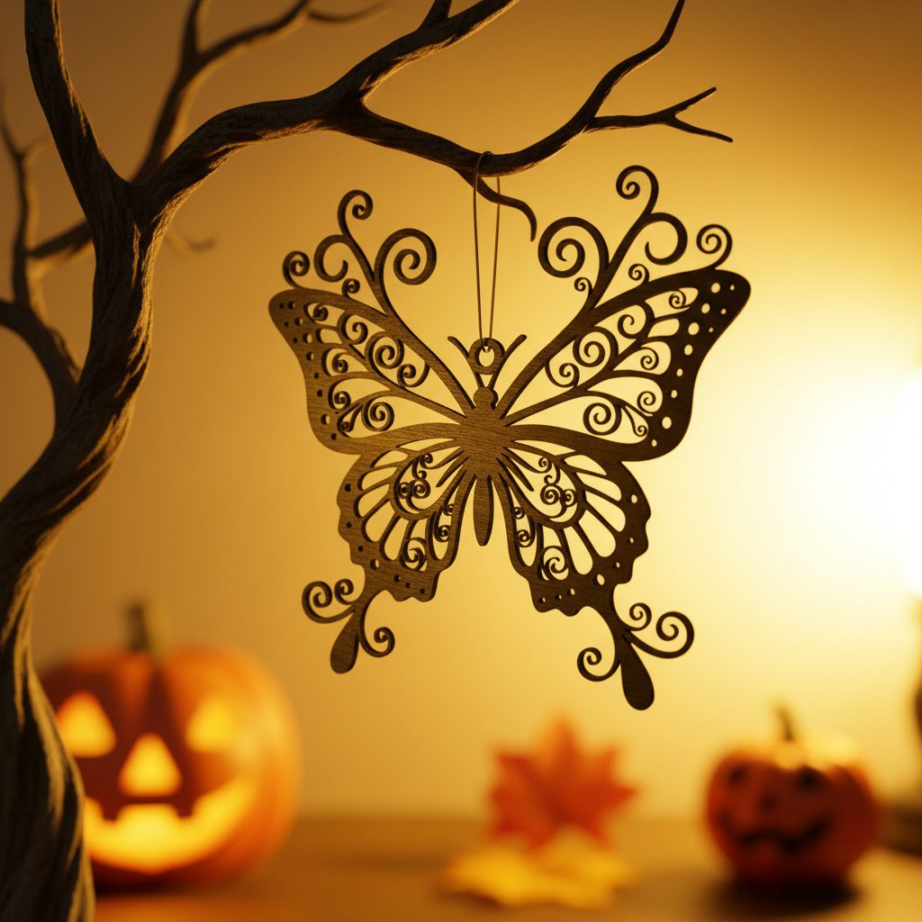 Halloween Butterfly Ornament, Spooky Laser Art Vector for