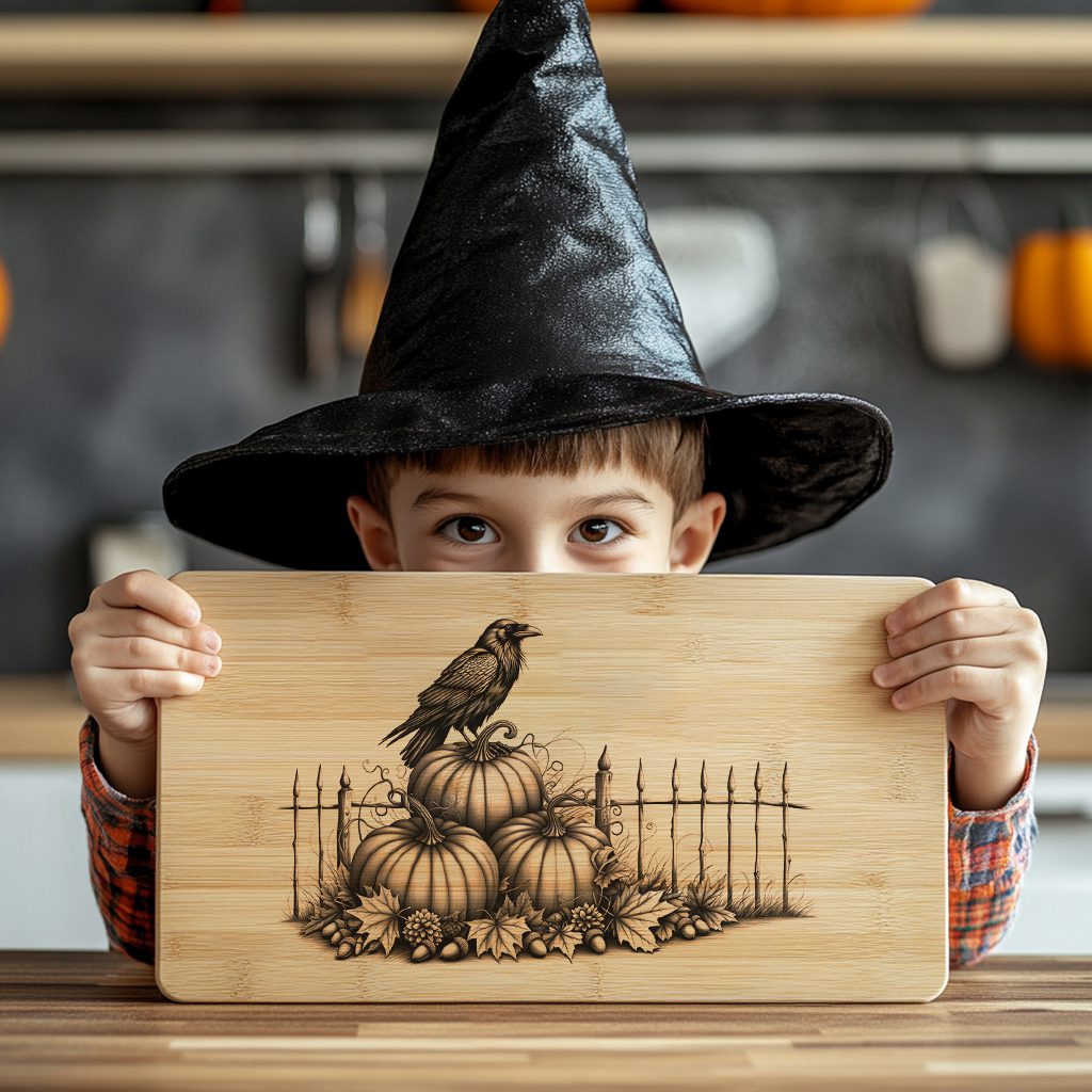 Halloween Charcuterie Board Engraving File, Crow on Pumpkins, Festive Decor – Image 4
