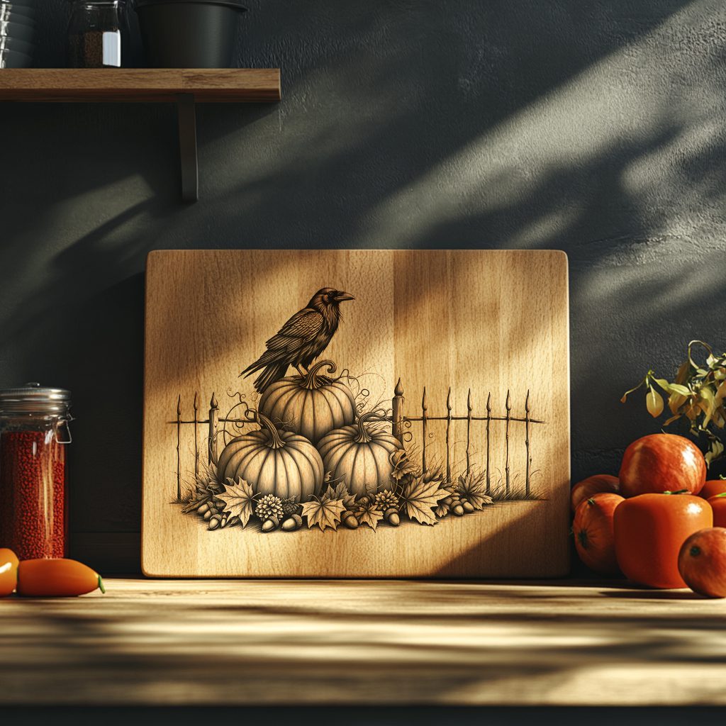 Halloween Charcuterie Board Engraving File, Crow on Pumpkins, Festive Decor – Image 6
