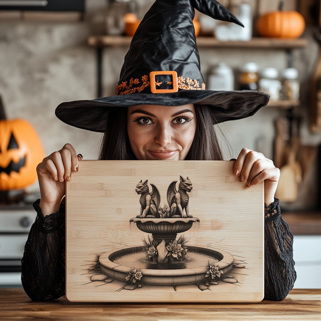 Halloween Charcuterie Board Engraving File, Twin Gargoyle Fountains Design, Party Decor - Imagen 2