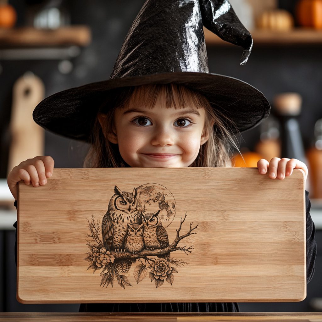 Halloween Charcuterie Board File, Laser Engraved Owls on Moonlit Branch Design - immagine 2
