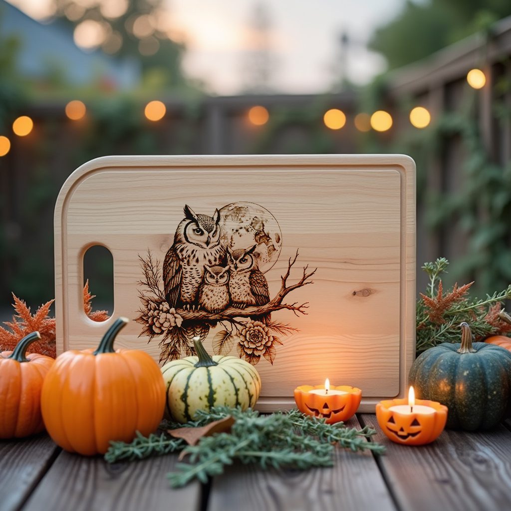 Halloween Charcuterie Board File, Laser Engraved Owls on Moonlit Branch Design - immagine 5