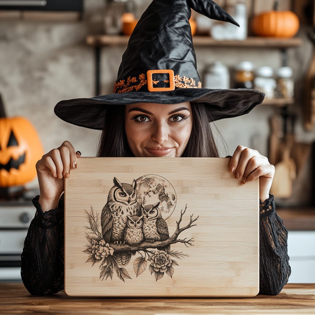 Halloween Charcuterie Board File, Laser Engraved Owls on Moonlit Branch Design - immagine 6