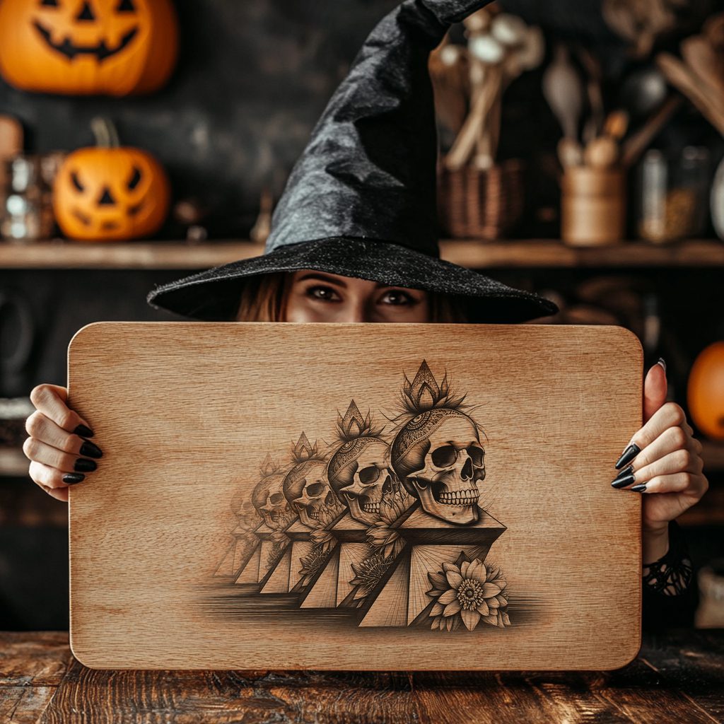 Halloween Charcuterie Board Laser Engraving File, Ornate Skull Pedestal Display - immagine 5
