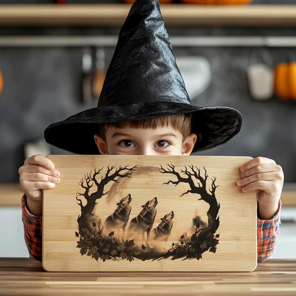 Halloween Laser Engraving File, Spectral Wolves Eclipse Charcuterie Board Design – Image 2