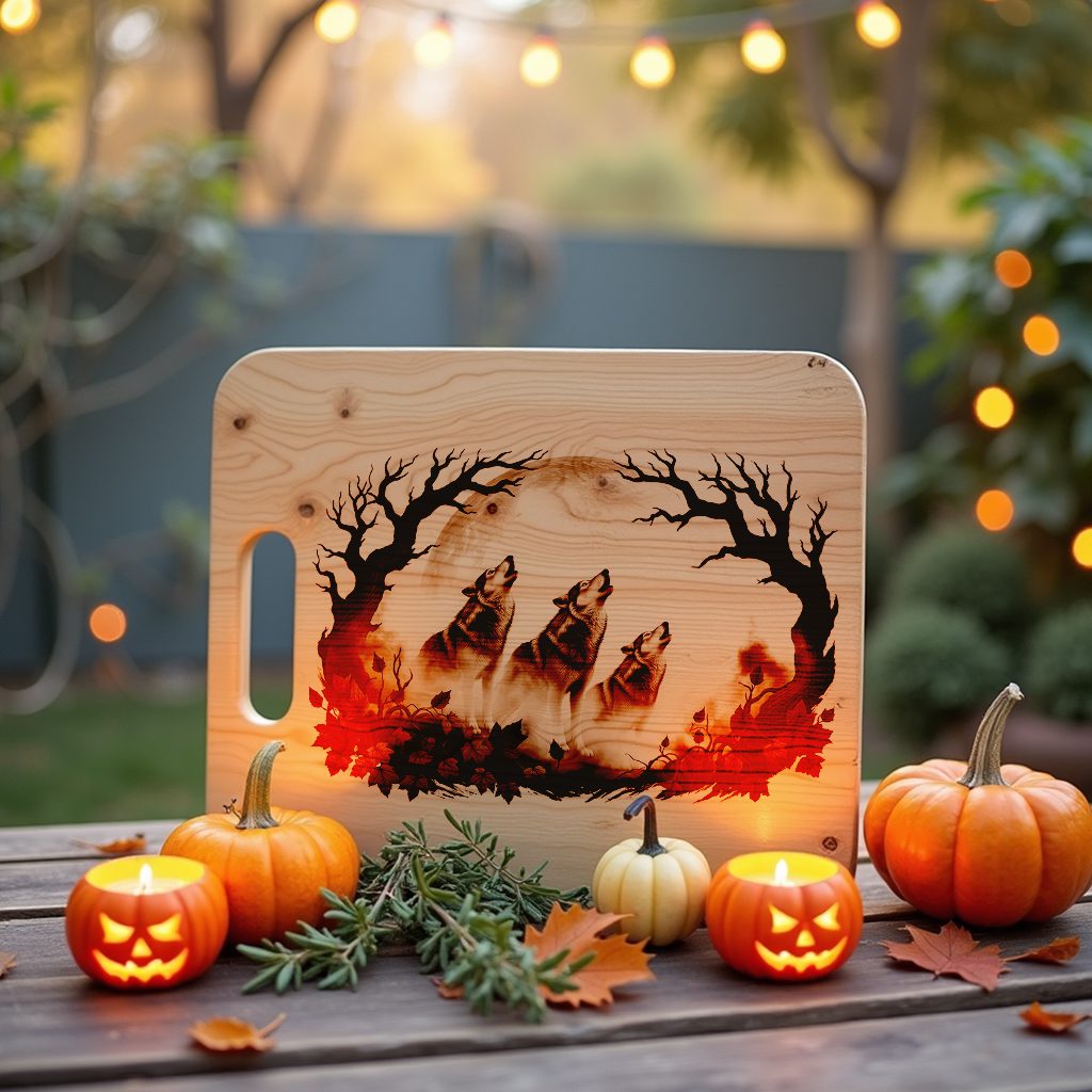 Halloween Laser Engraving File, Spectral Wolves Eclipse Charcuterie Board Design – Image 4