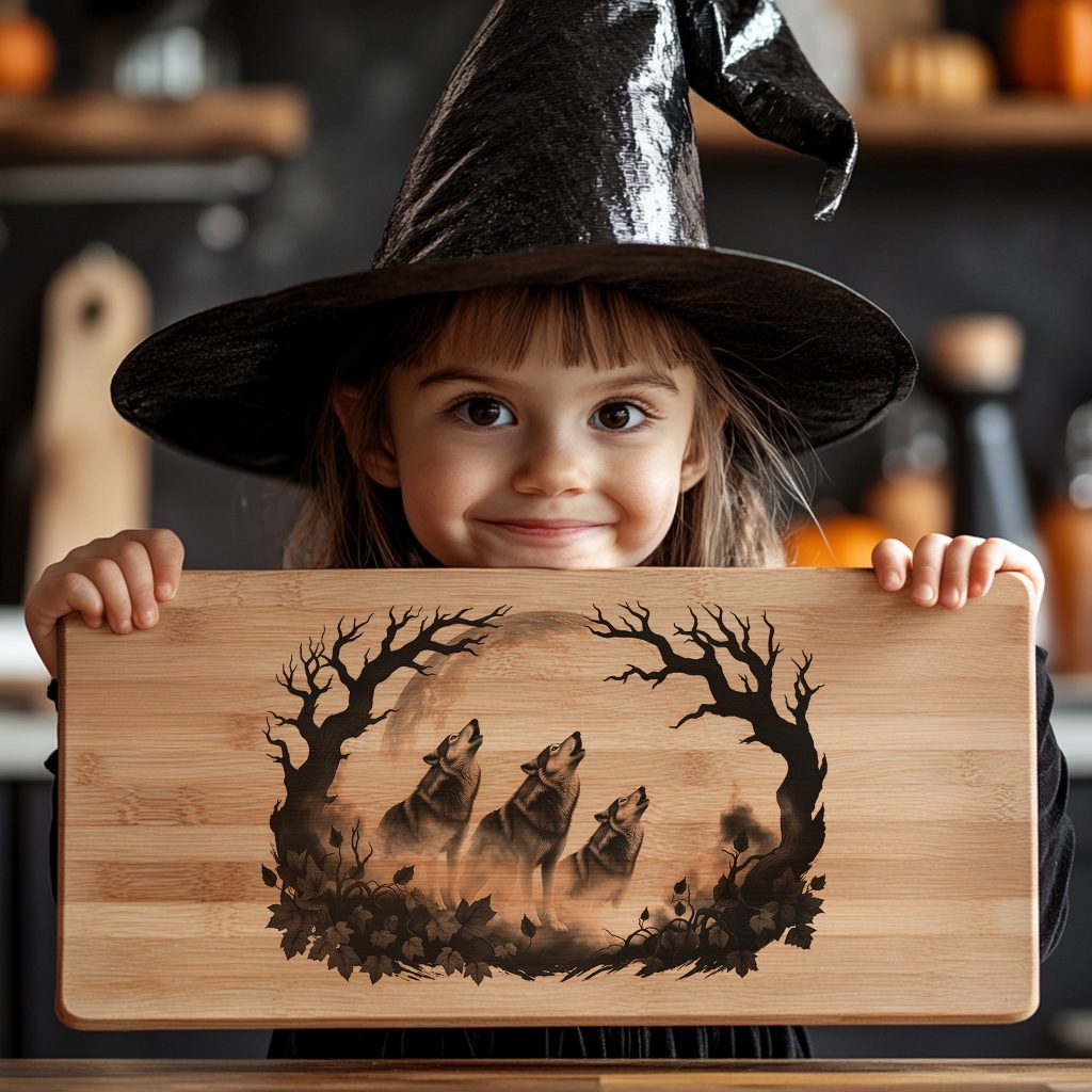 Halloween Laser Engraving File, Spectral Wolves Eclipse Charcuterie Board Design – Image 5
