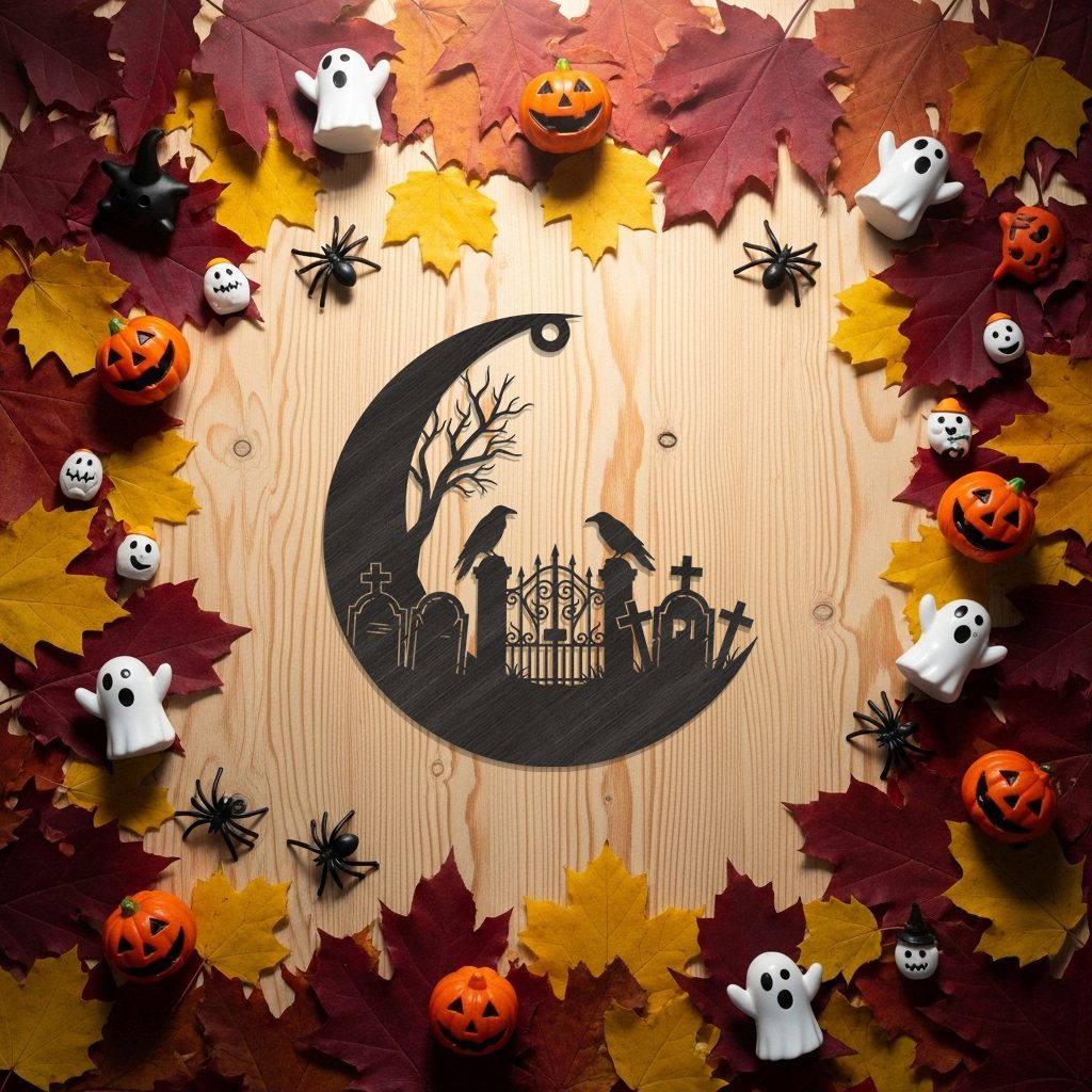 Halloween Ornament Moon Cemetery Scene, Spooky Laser File,
