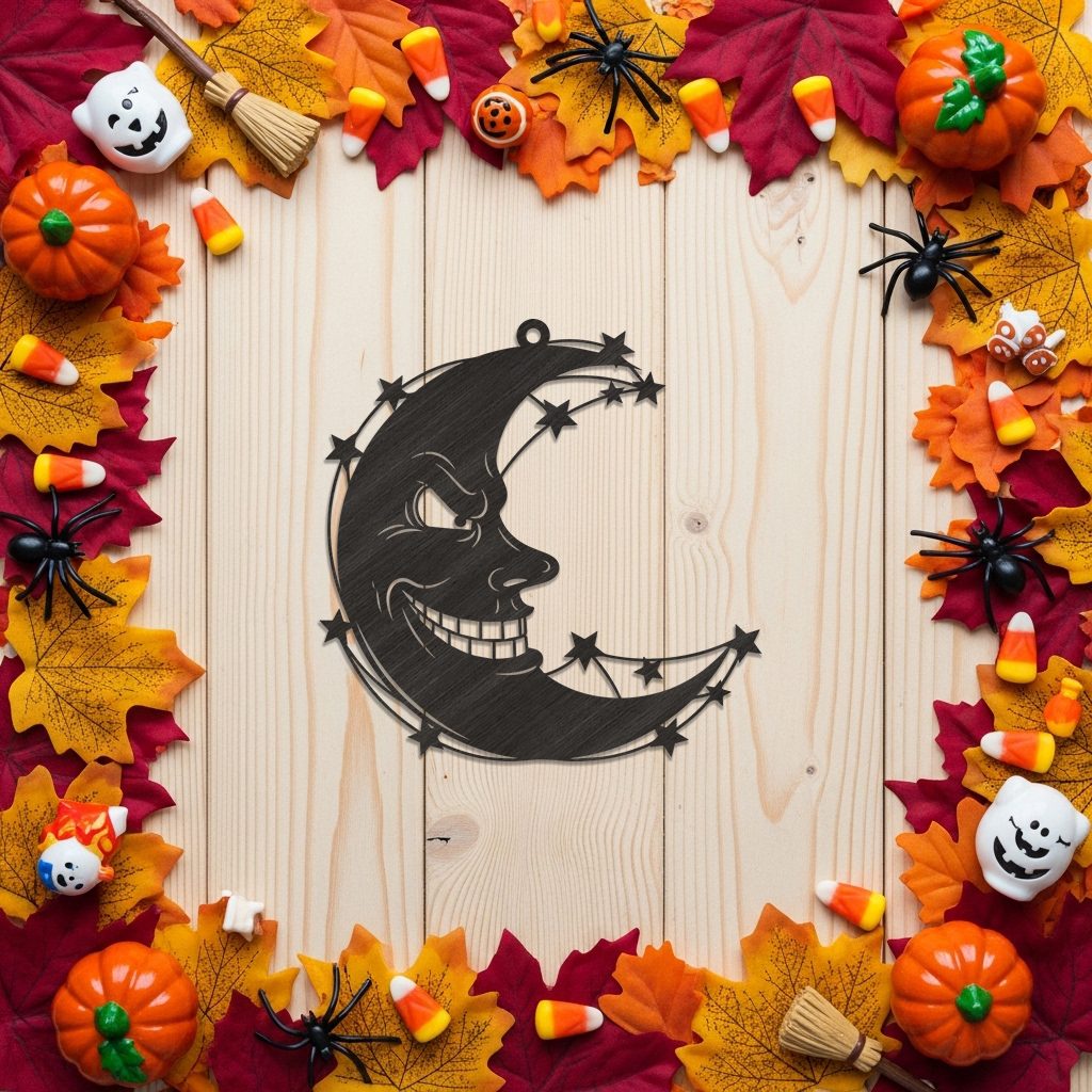 Spooky Crescent Moon Ornament, Evil Face Halloween Decor, Laser Craft File, Digital Download – Image 3
