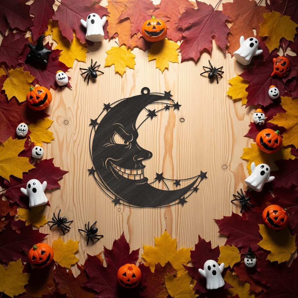 Spooky Crescent Moon Ornament, Evil Face Halloween Decor, Laser Craft File, Digital Download – Image 4