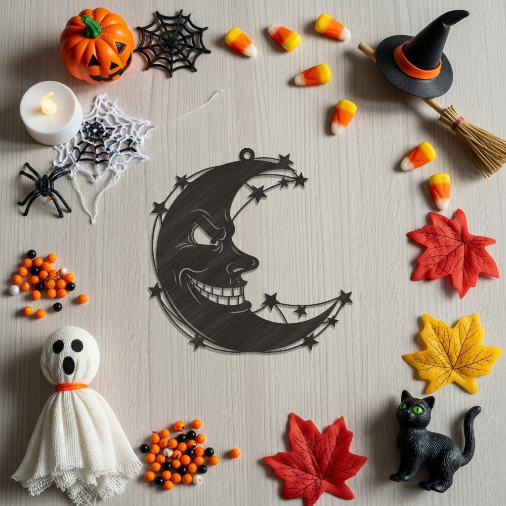 Spooky Crescent Moon Ornament, Evil Face Halloween Decor, Laser Craft File, Digital Download – Image 6