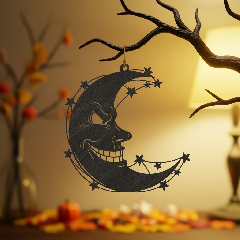 Spooky Crescent Moon Ornament, Evil Face Halloween Decor,